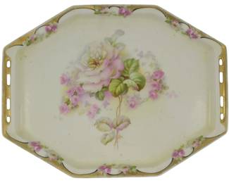 884 - Royal Rudolstadt Prussia Dresser Tray 9"x11" (Description): Royal Rudolstadt Prussia dresser tray  featuring a floral design with gilt trim and  pierced handles. Measures 9 inches by 11  inches.