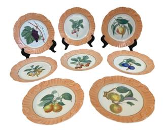 371 - 8 Mottahedeh Fruit Plates 8" (Description): Set of eight Mottahedeh fruit plates  featuring hand-painted botanical fruit  illustrations on white centers with  peach-colored scalloped borders. Each plate  measures 8 inches in diameter.