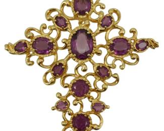 1929 - Vtg Panetta Gold Tone Cross Pendant (Description): Vintage Panetta gold tone cross pendant. This  ornate piece features the signature Panetta  style with elaborate scrollwork design  accented by purple stones arranged in a  symmetrical cross pattern.