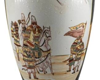 739 - Meiji Era Japanese Satsuma Vase w/ Stand 16" (Description): A Meiji Era Japanese Satsuma vase presented  on a coordinating stand. The vase features  traditional Satsuma decoration. Measures 16  inches in height.
