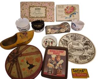 4014 - Group of Vtg Advertising Collectibles (Description): A diverse group of vintage advertising  collectibles featuring items from well-known  brands. The collection includes Norris  Peachtree Chocolates and Brach's candy boxes,  a Heineken Lager wooden clog ashtray, a Hershey's Syrup Recipes metal tray, a  Hershey's commemorative plate, Fuller-Brush  branded ashtray, various ceramic advertising  pieces, a decorative heart-themed tin, Satina  packaging, and assorted other promotional