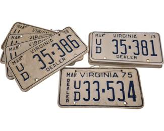3961 - 16 Vtg Virginia Dealer License Plates 1970s (Description): Collection of 16 vintage Virginia dealer  license plates. Dates visible include 1975  and 1979, with March registration tags.
