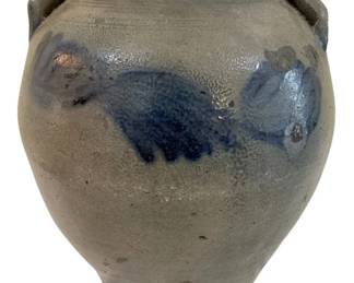 280 - Very Rare Virginia Blue Decorated Stoneware Jar (Description): ovoid form with handles, small repair - 15 x  11.75