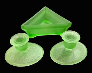 2773 - Frosted Uranium Glass Bowl & Candlesticks (Description): A three-piece set of frosted uranium glass  consisting of one bowl and a pair of  candlesticks. The distinctive green frosted  finish is characteristic of uranium glass.