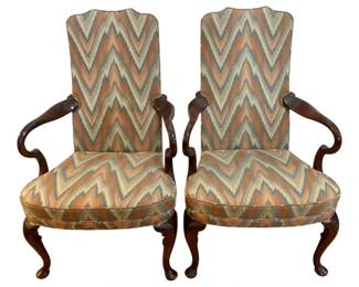 202 - Pair Flame Stitch Fabric Chairs by Hickory Chair (Description): Queen Anne Mahogany frame w/ nailhead accents  - 28 x 44 x 24