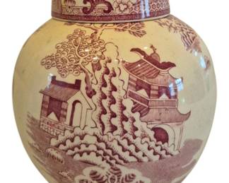 1464 - Mason's Ironstone Ginger Jar w/ Lid (Description): Vintage ceramic ginger jar with fitted lid  featuring a red or brown transferware  chinoiserie design. Measures 5" x 4".