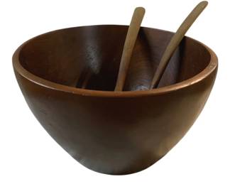 3057 - Vintage Wooden Salad Bowl w/ Utensils - 7 x 12