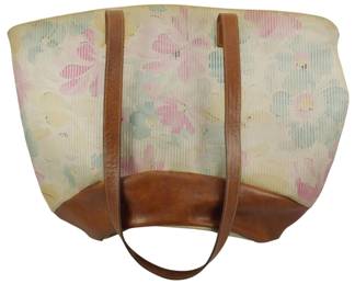 1809 - Vintage Furia Floral Coated Canvas Tote (Description): Vintage Furia floral coated canvas and  leather tote bag. Features a floral pattern  on coated canvas with leather trim and  handles. Measures 12 inches by 16 inches by 5  inches.