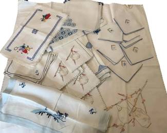 1372 - Group of Oriental Embroidered Linens (Description): A group of oriental embroidered linens. The  collection includes various pieces featuring  decorative embroidery work in Asian-inspired  designs.