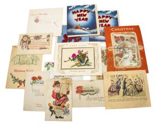 839 - Group Vintage Christmas Postcards (Description): Assorted vintage Christmas postcards. This  collection features a variety of  holiday-themed postcards with Christmas  greetings and seasonal imagery.