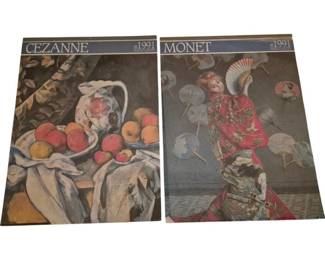 3812 - Pr of 1991 Cezanne & Monet Art Calendars (Description): Pair of 1991 art calendars featuring works by  renowned Impressionist and  Post-Impressionist masters. One calendar  showcases paintings by Claude Monet, the  other by Paul Cezanne. Each calendar measures 18" x 13".