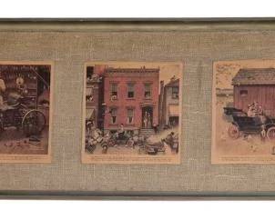 3978 - Framed Trio of Vintage Scene Prints 40"x17" (Description): A framed display featuring three vintage  scene prints mounted on a burlap or linen  backing. The prints appear to depict  nostalgic Americana scenes in sepia tones.  The piece is presented in a simple wood-tone frame.