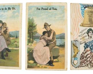 850 - Assorted Vintage Postcards (Description): Assorted vintage postcards featuring  patriotic and romantic themes.