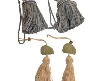 2738 - Ceramic & Stone Scroll Weights or Tiebacks (Description): Collection of four decorative tassels used  for scroll weights or curtain tiebacks in two  pairs. One pair features hand-painted blue  and white ceramic finials with foliate  designs and gray silk fringe on braided cord. The second pair features carved green stone  elephant-form finials with cream silk  tassels.