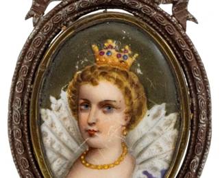 844 - Miniature Portrait Painted on Porcelain 3.5" (Description): A miniature portrait painted on porcelain,  presented in an ornate metal frame with  decorative ribbon bow finial and scroll feet.  The portrait depicts a crowned female figure  in elegant period dress. Measures 3.5 inches.