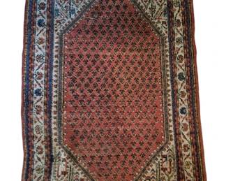 3777 - Oriental Bijar Rug 30"x46" (Description): Oriental Bijar rug featuring a central  diamond-shaped medallion with an all-over  boteh pattern on a terracotta red field. The  rug is framed by multiple borders including a  cream-colored main border with traditional floral and geometric motifs, accented by navy  blue guard stripes. Hand-knotted wool  construction.