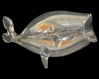 528 - Blenko Clear Glass Large Fish Vase 9x22 (Description): Vintage Blenko glass fish vase originally  designed by Winslow Anderson in the 1950s.  Mid-Century Modern (MCM) hand-blown art  glass. Clear glass with an open mouth,  applied fins, and detailed eyes