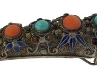 1923 - Vtg Chinese Silver Enamel Finger Guard Brooch (Description): Vintage Chinese silver enamel finger guard  brooch. This decorative piece features  traditional Chinese craftsmanship with enamel  detailing, designed in the style of a finger  guard that converts to a brooch.
