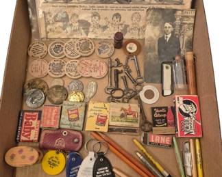 2735 - Group Advertising & Collectibles (Description): A diverse group of advertising and  collectibles including a Royal Society  Embroidery Package Outfits vintage  advertisement, assorted wooden nickel tokens  from various businesses, vintage skeleton keys, advertising matchbooks featuring Hunt's  Catsup and Peaches, promotional pens and  mechanical pencils, vintage keychains  including Lakeview Motors tags, a box of  vintage staples, a small photograph, and
