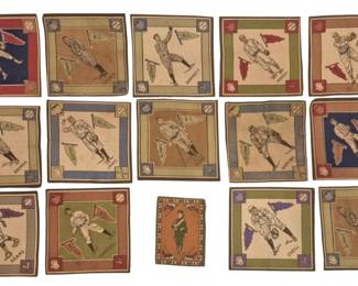 4045 - Vintage Baseball Player Cloths 5"x5" (Description): Collection of vintage baseball player cloths  measuring 5" x 5". These decorative fabric  squares feature illustrated baseball players  in various poses including batting and  fielding positions. Each cloth displays colorful borders with baseball-theme corner  motifs including baseballs, bats, and gloves.  Several cloths show team pennants including  New York and Boston, with player names such  as Hartzell and Whaling visible. The