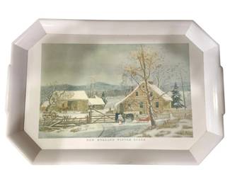 900 - Waverly New England Winter Scene Tray 30.5x14 (Description): Waverly decorative tray featuring a New  England Winter Scene print. The rectangular  tray has an octagonal shape with clipped  corners and a white lacquered frame  surrounding the pastoral winter landscape depicting snow-covered houses, bare trees,  and a rural village setting. Measures 30.5  inches by 14 inches.