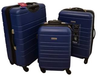 3731 - Leisure 3 Pc Blue Hardside Luggage Set (Description): Three-piece luggage set by Leisure in blue  hardside plastic construction. The set  features spinner wheels for easy  maneuverability, telescoping handles, and a  ribbed exterior design. Includes three graduated sizes for versatile travel needs,  with original tags attached. The largest  piece measures 28.5 inches by 19 inches by 12  inches.