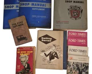 3801 - Vtg Ford Books Shop Manuals & Literature (Description): Group of ten vintage Ford books and  literature pieces. Includes a 1953 Ford Truck  Shop Manual, 1953 Ford Passenger Car Shop  Manual Supplement, 1954 Ford Shop Manual  Supplement, The Ford Text Book by R.F. Wallace, "We Never Called Him Henry" by  HarrBennett, Ford Division's "Selling Sense"  booklet, The Ford Guide to Southern Journeys,  and three issues of Ford Times from 1957. A  comprehensive collection of mid-century Ford