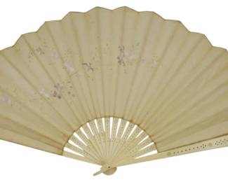 1714 - Vtg Oriental Fan w/ Celluloid Handle (Description): Vintage Oriental fan featuring a celluloid  handle. The fan displays delicate floral  decoration. Measures 12 inches by 20 inches  when fully opened.