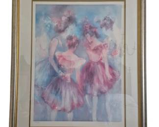 1273 - Backstage Lithograph by Hilda Rindom #840/850 (Description): Framed lithograph print depicting three  ballerinas in pink and purple tutus with  floral headpieces, rendered in soft pastel  watercolor tones against a blue background.  The print is signed and numbered in the lower margin. Presented in a silver-toned frame  with gold accent and cream matting with brown  inner border. Measures 39 x 32 inches.