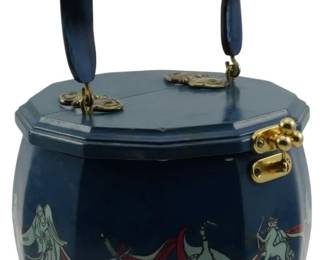 1779 - Vtg Decoupage Wooden Barrel Handbag Zodiac (Description): Vintage decoupage wooden barrel handbag  featuring zodiac decoration. Comes boxed.