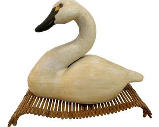 229 - Carved Wooden Swan on bamboo stand (Description): signed Wade Puryear No 9, dated 1984, 16 x 18  x 10