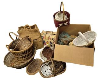 4135 - Huge Lot of Assorted Wicker & Woven Baskets (Description): A huge lot of baskets in various styles,  sizes, and materials. The collection includes  wicker baskets, woven straw totes, handled  gathering baskets, decorative painted  baskets, and white wicker accent pieces. Styles range from natural woven to painted  and decorated examples, suitable for storage,  display, or crafting purposes.