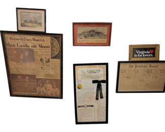 3770 - Collection of 6 Framed Prints & Papers (Description): Collection of six framed pieces including a  framed Richmond Times-Dispatch newspaper  front page featuring the historic 'Man Lands  on Moon' headline with Apollo 11 coverage, a  framed Providence Journal front page, a Clarksville Virginia Sesquicentennial  commemorative display with certificate and  ribbon, a framed 'Virginia is for lovers'  print in gilt frame, a small framed landscape  print depicting a figure on horseback, and a