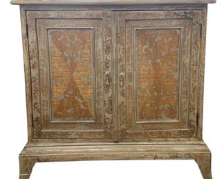 1406 - Uttermost 2 Door Server 36.5"x36.5"x9.5" (Description): Uttermost two-door server featuring a  distressed painted finish with warm wood  tones showing through. The cabinet stands on  a footed base and is equipped with metal  drop-pull hardware.