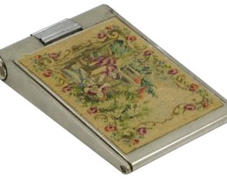 1764 - Vtg Signed Compact w/ Needlepoint Cover (Description): Vintage signed compact by an unknown maker,  featuring a decorative needlepoint cover.  Measures 4" x 2.5".