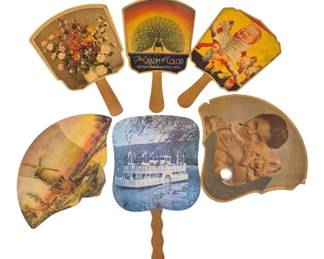 1443 - 6 Vtg Advertising or Promotional Hand Fans (Description): Collection of six vintage advertising hand  fans, some featuring wooden handles. The  assortment includes various colorful  lithographed designs including floral  arrangements, a peacock advertising Putnam Fadeless Dyes & Tints titled 'The Charm of  Color,' a baby scene, a windmill landscape at  sunset, a riverboat scene, and a portrait of  a man with a dog. These decorative fans  represent classic early to mid-20th century