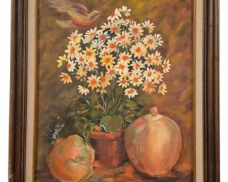 4027 - Ruth Toone Floral Still Life Oil on Board (Description): Framed oil on board painting by Ruth Toone  depicting a floral still life. The  composition features a terracotta pot filled  with white and yellow daisies, flanked by  gourds, with a bird in flight in the upper left corner. The painting is signed by the  artist in the lower right corner. Set in a  wood frame with linen liner. Measures 29" x  23".