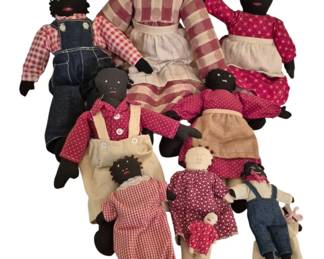 4173 - Group Lot of Handmade Cloth Dolls (Description): Group lot of handmade cloth dolls featuring a  variety of figures in period-style clothing.  The collection includes approximately ten  dolls of varying sizes, dressed in cotton  fabrics with gingham, plaid, and calico prints. Outfits include dresses with aprons,  overalls, and shirts in red, pink, blue, and  cream tones. The dolls appear to be folk art  style with hand-sewn construction.