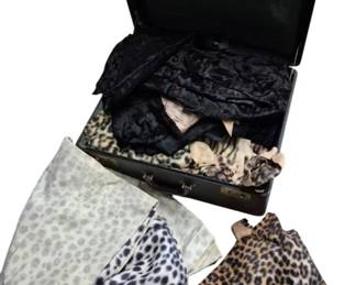 4113 - Vtg Suitcase w/ Animal Print Fabrics (Description): Vintage suitcase containing an assortment of  animal print fabrics. The collection includes  various faux fur pieces in leopard, cheetah,  and other exotic prints in shades of brown,  black, cream, and white. The suitcase features a black exterior with brass-tone  hardware and latches.