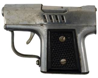 762 - Made in Occupied Japan Gun Lighter 2" (Description): A novelty gun-shaped lighter made in Occupied  Japan. The piece features a metal body with  textured black grip panels secured by two  screws. Measures 2 inches. Used as is electric/electronic/mechanical item. No guarantee all components, untested.