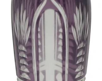 875 - Bohemian Amethyst Cut to Clear Crystal Vase (Description): Bohemian amethyst cut to clear crystal vase  featuring intricate cut patterns throughout.  Measures 7.5 inches in height.
