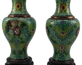 755 - Pr Chinese Enamel Cloisonne Vases w/ Stands (Description): Pair of Chinese enamel cloisonne vases with  stands. One vase has a dent. Measures 10  inches.