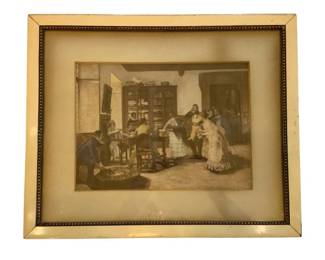 1194 - Framed Print 17.5"x14.5" (Description): Framed artwork featuring a genre scene in a  traditional interior setting. The piece is  presented in a gold-toned frame with beaded  detail along the inner edge, with cream  matting.