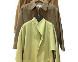2138 - 3 Women's Jackets (Description): Montaldo's (tan) camel hair - sz 14 Jones of NY (short tan) - sz 6 Ellen Tracy (green) - sz 2