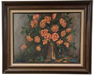 4030 - Ruth Toone Floral Still Life Oil on Board (Description): Framed oil on board painting by Ruth Toone  depicting a still life of coral and peach  roses arranged in a vase against a dark gray  background. The work is signed by the artist  in the lower right corner and is presented in a dark wood frame with cream linen liner.  Measures 25 inches by 31 inches.