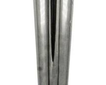 716 - Silver Plate Vase 18" (Description): Silver plate vase featuring a decorative  pierced rim with floral motifs. The vase has  an elegant elongated trumpet form rising from  a circular stepped base. Measures 18 inches  in height.