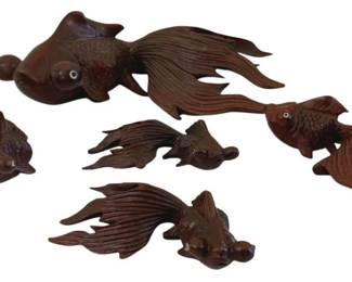 207 - 5 Hand Carved Rosewood Fantail Goldfish Figures (Description): w/ glass eyes - 3 x 10
