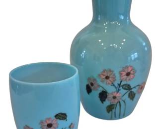 1465 - Hand Painted Opaline Blue Tumble Up Set (Description): The set includes a carafe-style base and an  inverted tumbler that serves as a lid.  Measurements: 7" x 4".