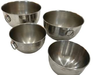 1239 - Stainless Steel Mixing Bowls (10) (Description): Collection of ten stainless steel mixing  bowls. The bowls feature a polished finish  and several are equipped with convenient ring  handles on the sides for easy handling. The  set includes various sizes suitable for a range of kitchen tasks.