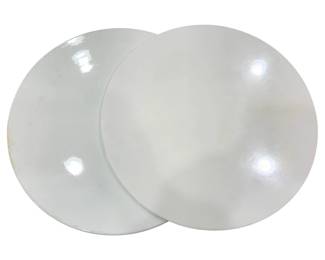 952 - Pair of White Marble Cutting Boards (Description): Pair of white marble cutting boards featuring  round shapes with smooth, polished surfaces.  These elegant marble boards serve both  functional and decorative purposes in the  kitchen.